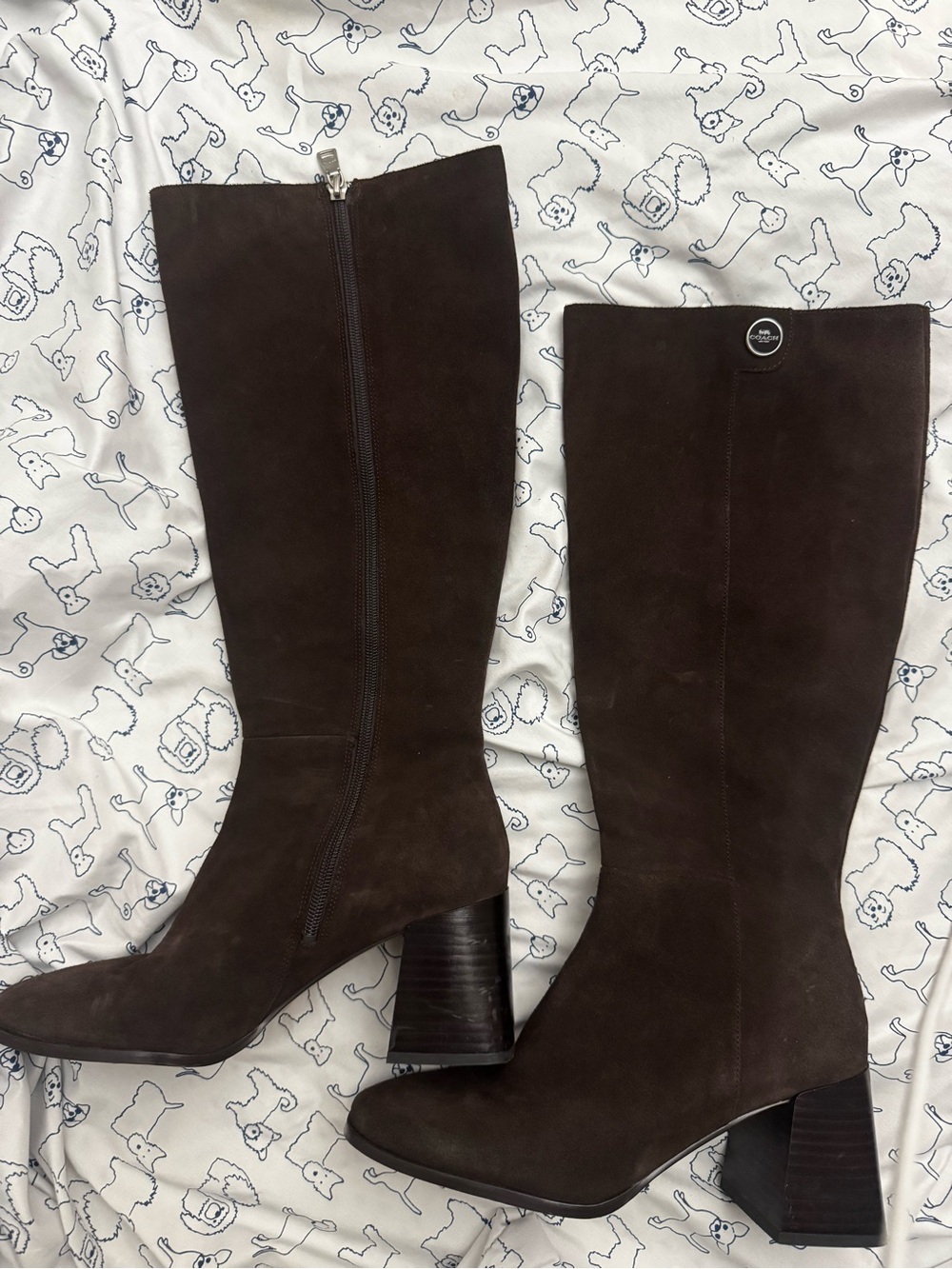 Coach Dark Brown Suede Mid-Calf Block Heel Boots